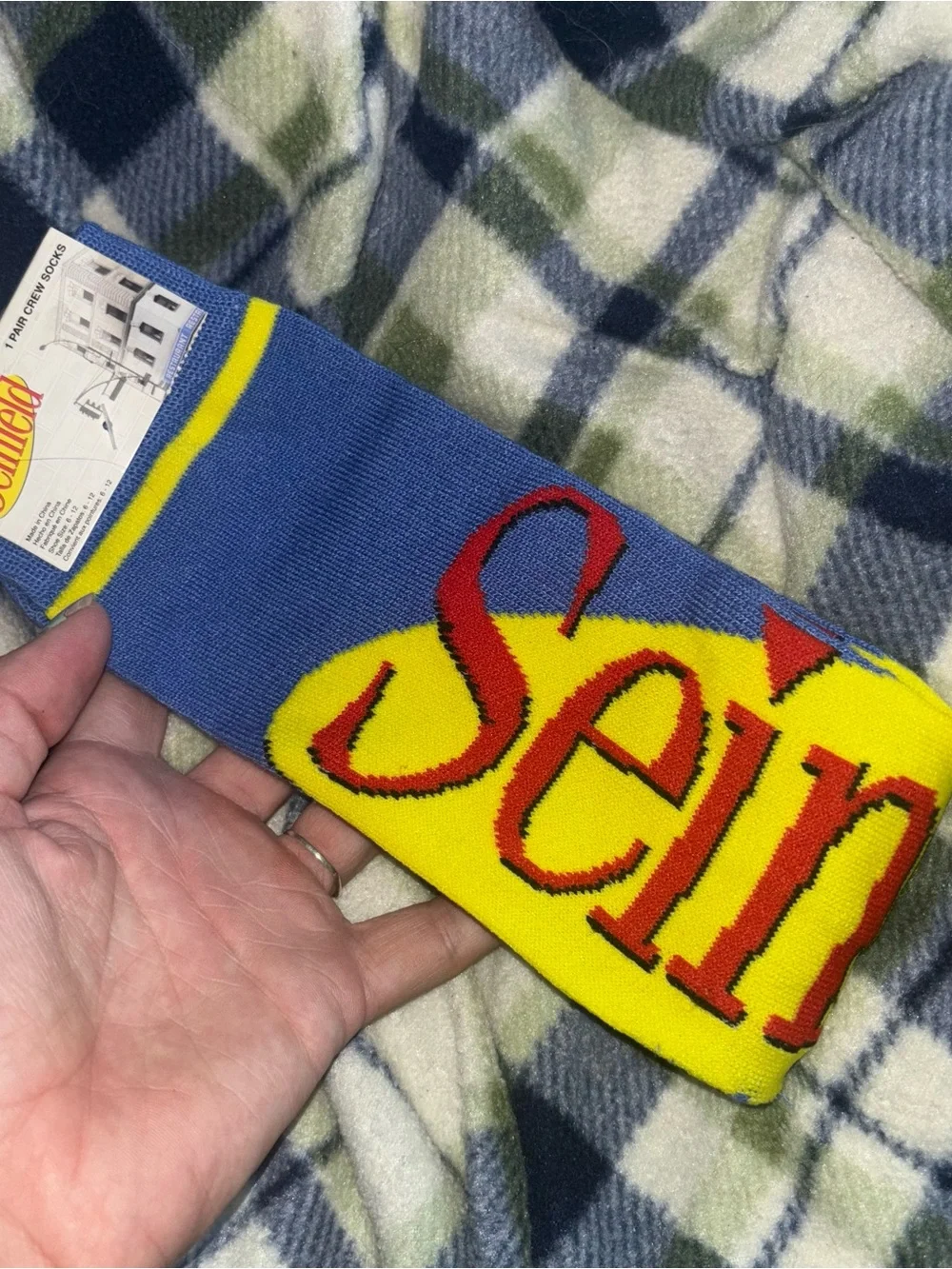 NWT Seinfeld Blue & Yellow Logo Crew Socks